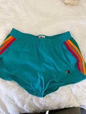 Aviator Nation teal Athletic Shorts with Rainbow Stripe Detail size small